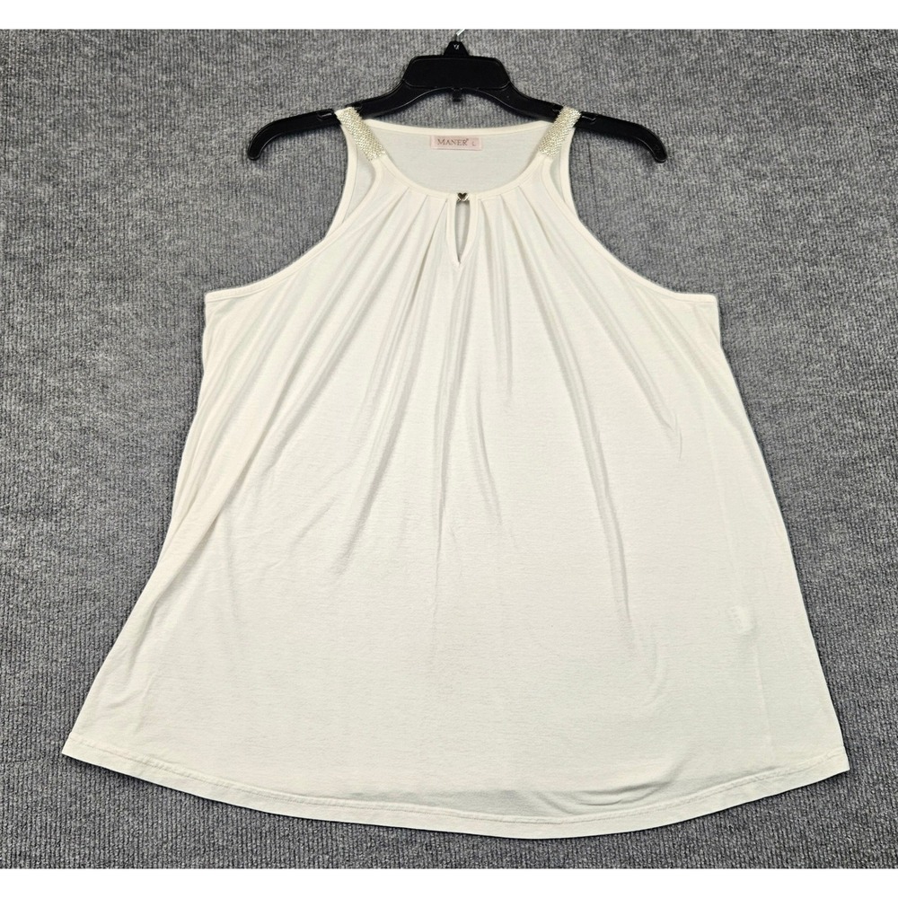 Maner Womens Cream Beaded Keyhole Pleated Tank Top Size Large Rayon Blend